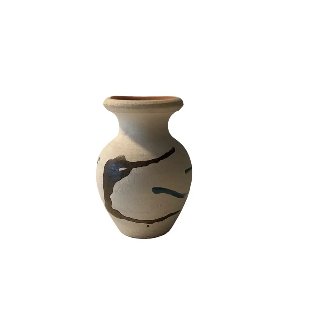 Handcrafted Dominican clay Vase With Abstract Painted Design Beige With Green &